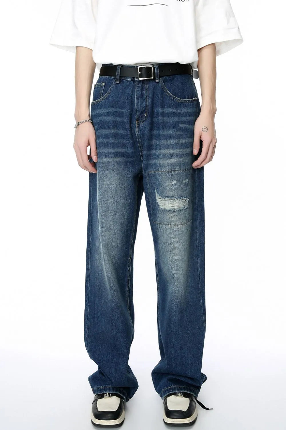 Men's Distressed Applique Straight Jeans - Premium Japanese Denim