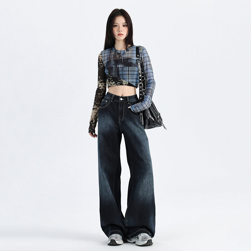 Light Blue Gradient Wide-Leg Jeans - Autumn Washed Design