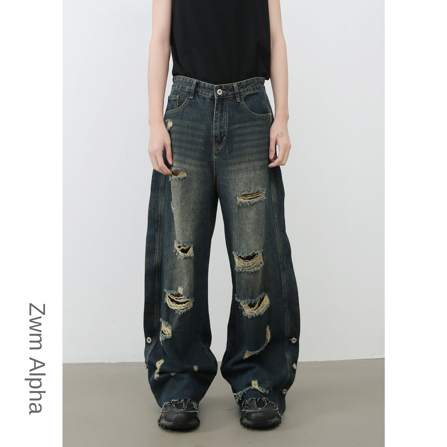 Nirben Denim Frayed Hem Washed Wide-Leg Jeans for Men