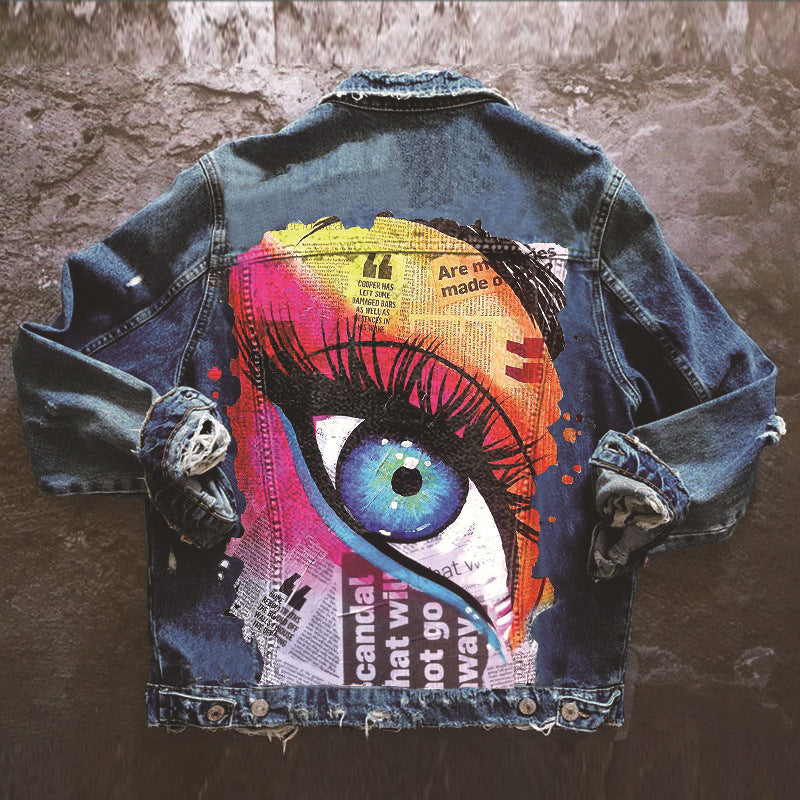 Women's Autumn Street Style Lapel Denim Jacket with Print Pattern