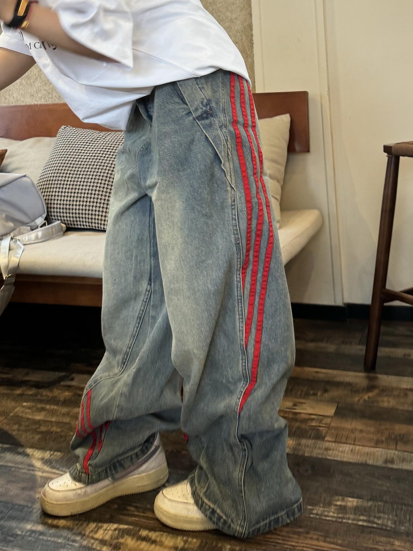 Vintage Denim Straight Leg Wide Leg Pants with Side Stripes