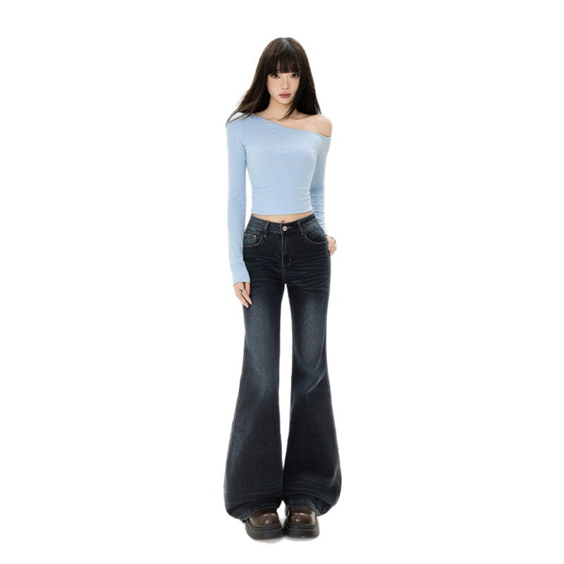 Style Flared Denim Pants for Women - Low Waist, Slim Fit, White Washed Pants