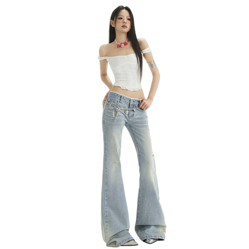 Women's Lace Splicing Flared Denim Pants - Slim Low Waist Ankle-Length