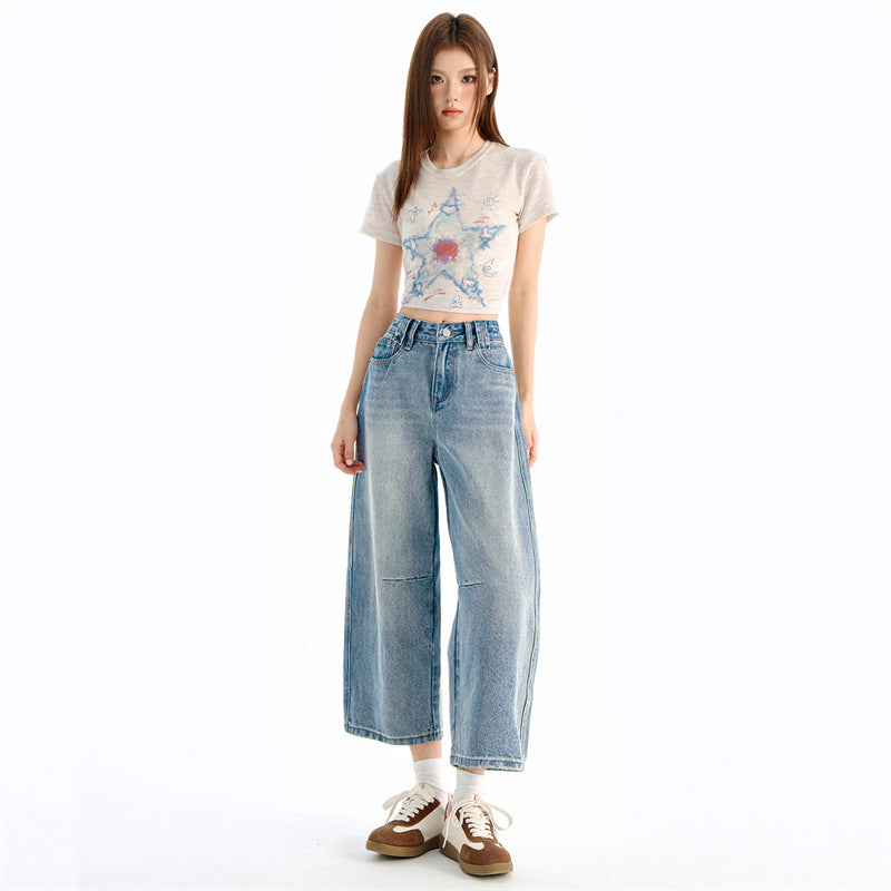 Vintage Washed Calf-Length Denim Pants for Women - Pleated High-Waisted Wide-Leg Trousers