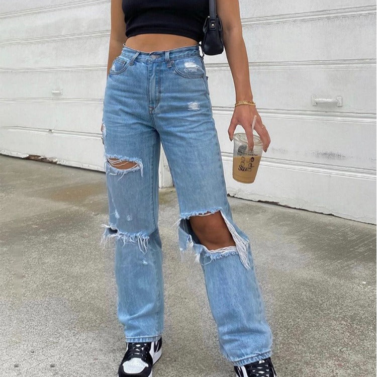 High Waist Straight Women's Ripped Jeans - Blue Denim Fashion Trousers
