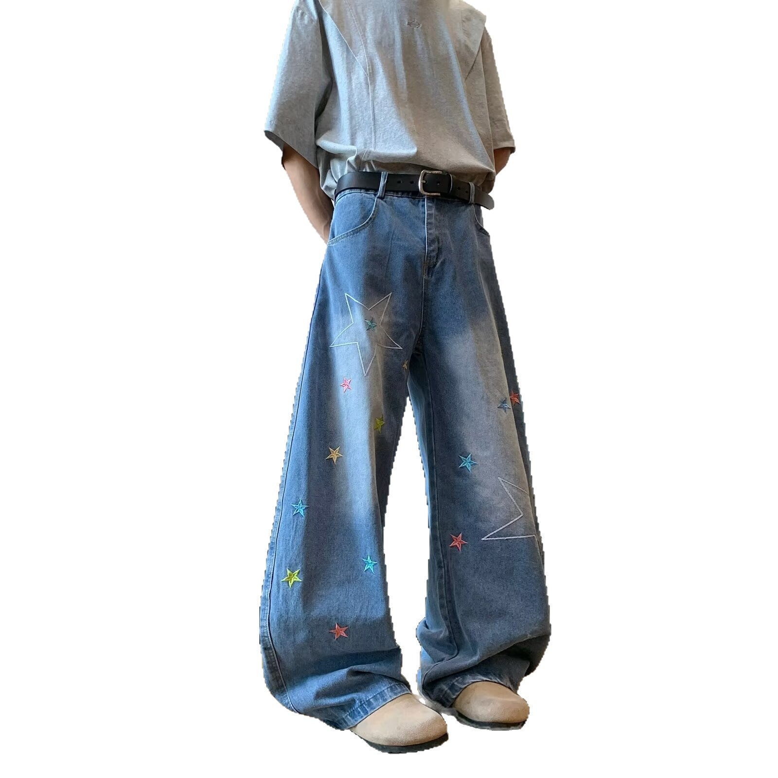 Retro Star Embroidered Curved Knife Jeans for Men