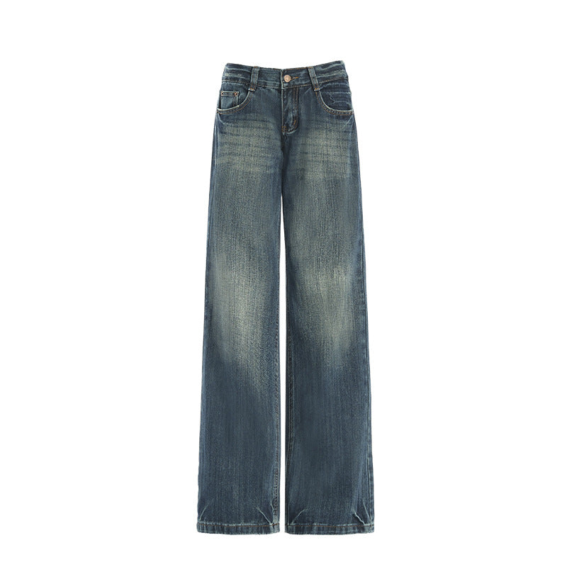 Women's Water-Washed Bamboo Node Pattern Denim Pants - Low Waist Slimming Straight