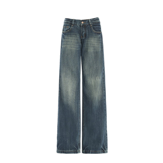 Women's Water-Washed Bamboo Node Pattern Denim Pants - Low Waist Slimming Straight