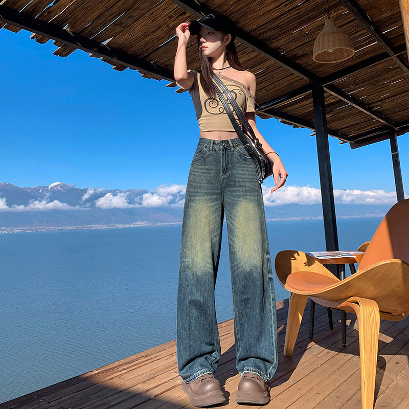 Vintage Wide-Leg Jeans for Women - High-Street Loose and Slim Straight Pants