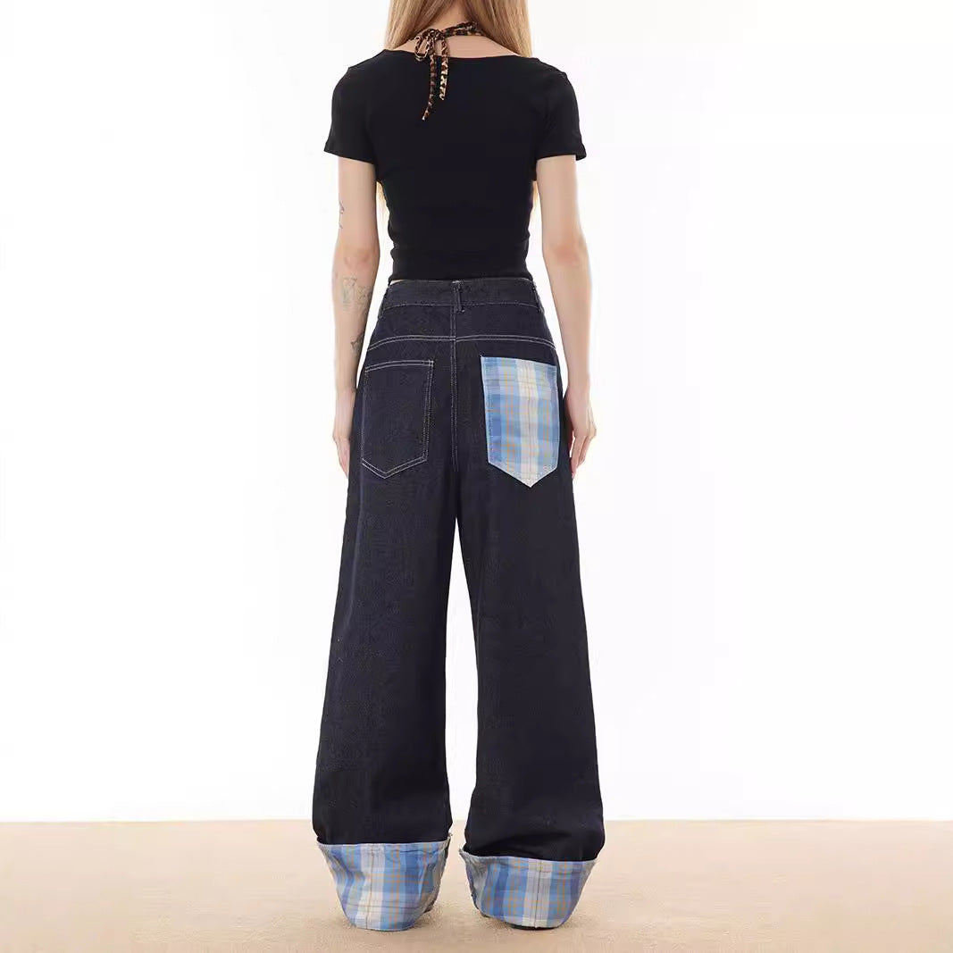 Checkered Patchwork Rolled Edge Jeans - Premium Japanese Denim