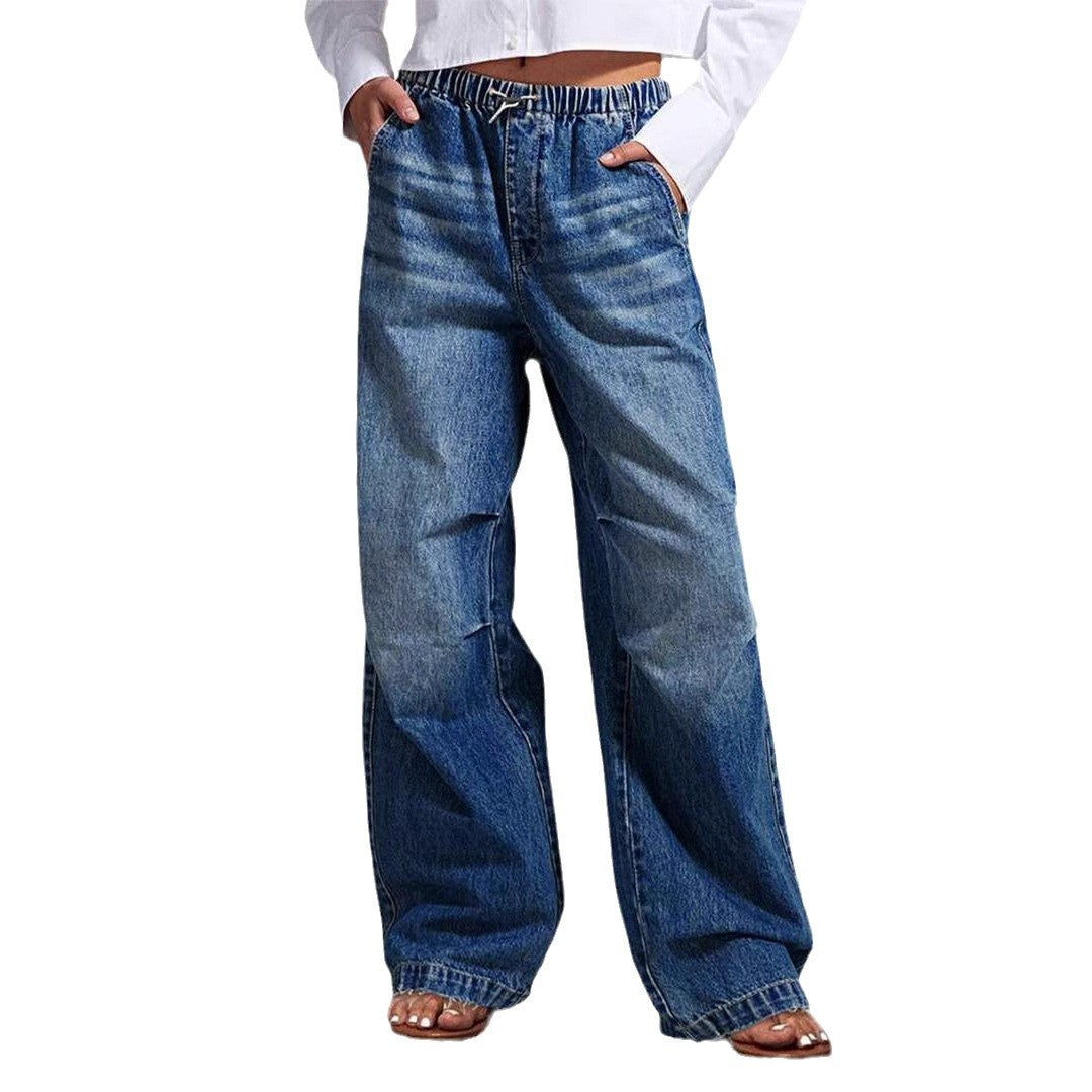 Mid Waist Wide Leg Pleated Loose Jeans - Women's Street Retro Straight Leg Pants