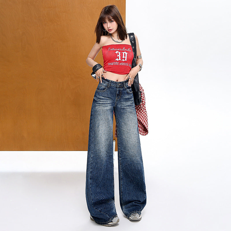 High Street Wrinkled Denim Pants for Women - Loose Drape Wide-Leg Trousers