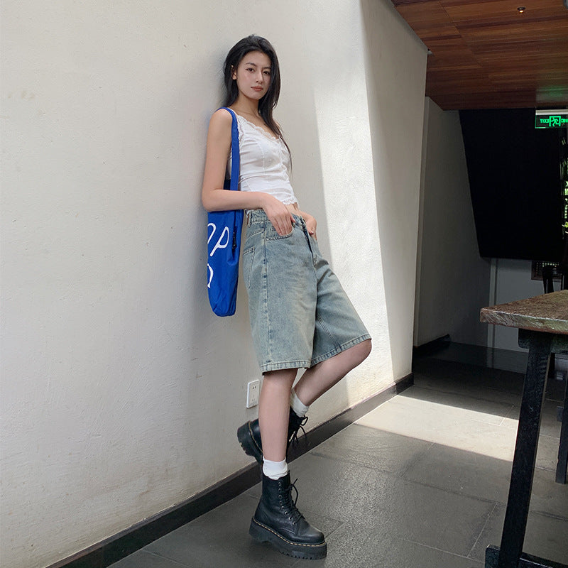 Women's Retro Denim Shorts - High Waist Loose Slim Straight Leg Pants