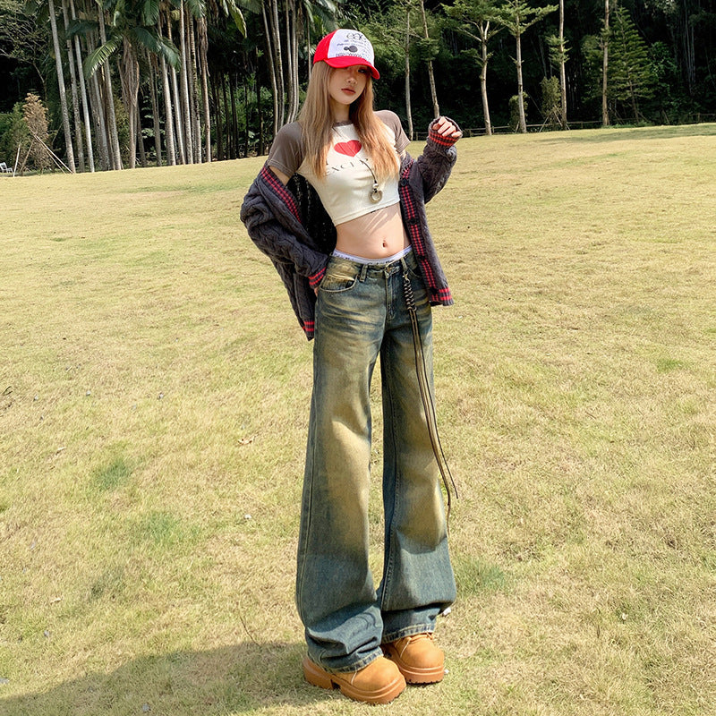 Women's Low-Waist Flared Denim Pants - Loose Wide-Leg Straight Trousers