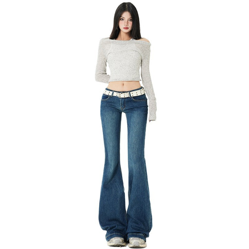 Retro Spicy Girl Flared Jeans - Women Low Waist Slim Fit Elasticity Leggings