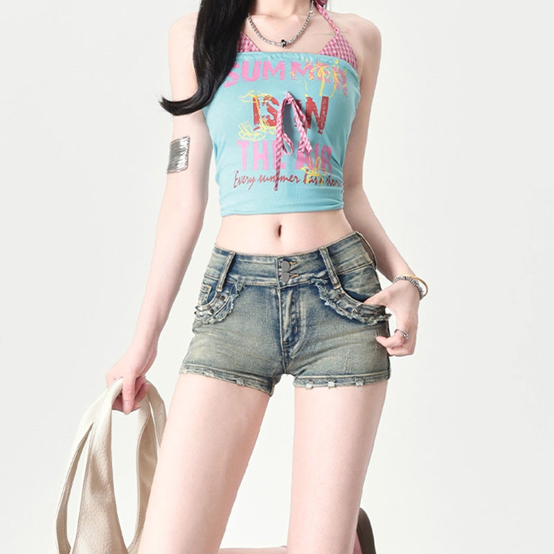 High Street Wasteland Style Denim Shorts for Women - Slimming Girl Skinny Straight Leg Hot Pants