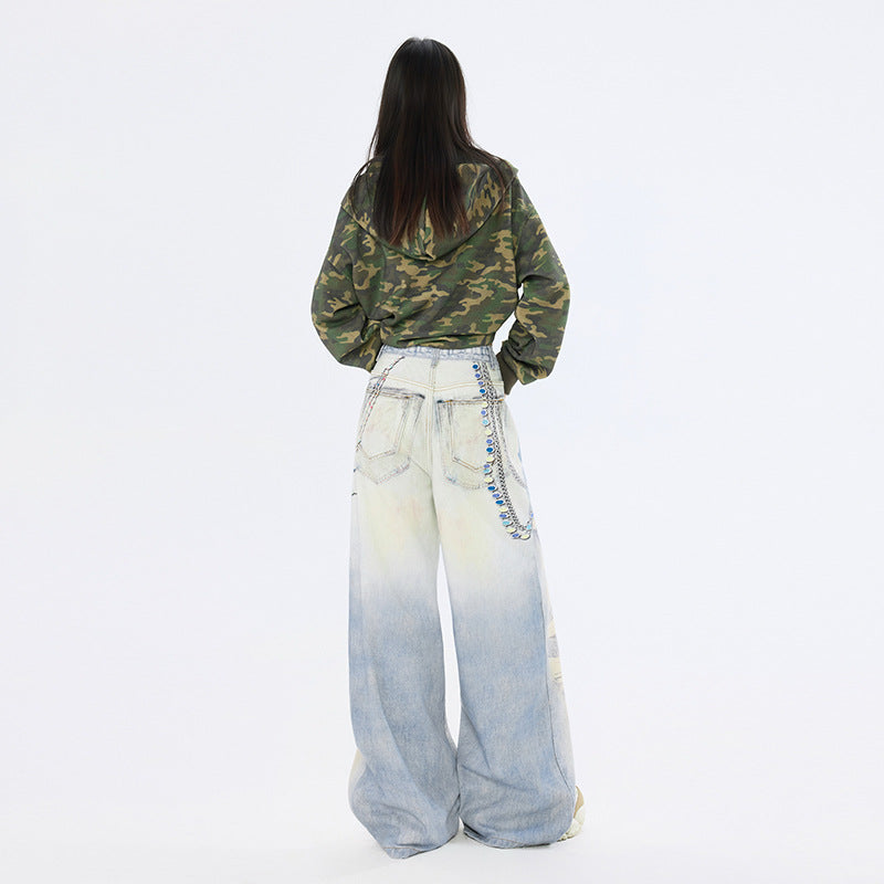 Graffiti Heart Bear Chain Curved Knife Pants - High Street Loose Wide Leg Jeans for Women