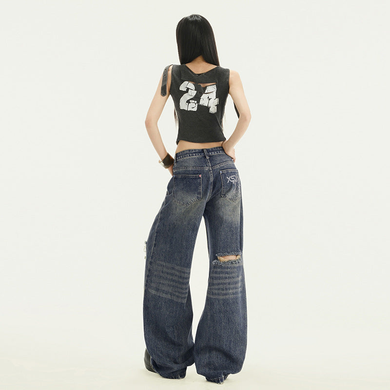 Women's Pocket Print High Waist Wide Leg Pants - Summer Slimming Distressed Denim Trousers
