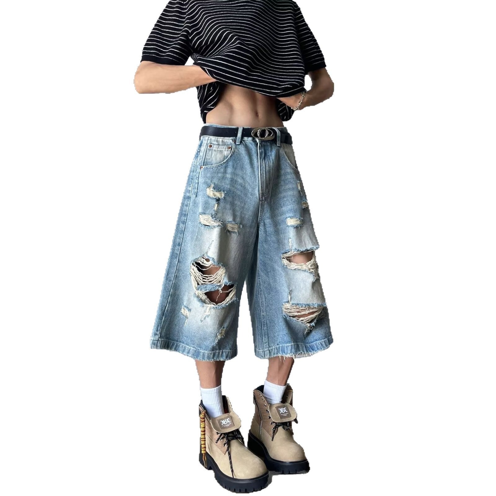 Ripped Denim Seven-Part Washed Distressed Wide Leg Shorts