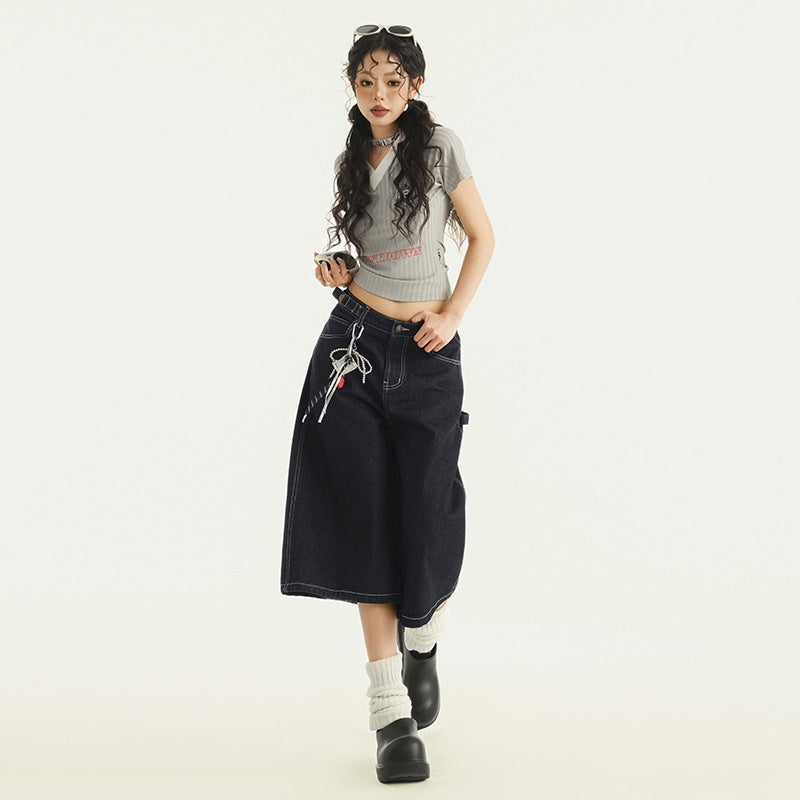 Women's Wide Leg Denim Capri Pants - Summer Loose Drape Trousers