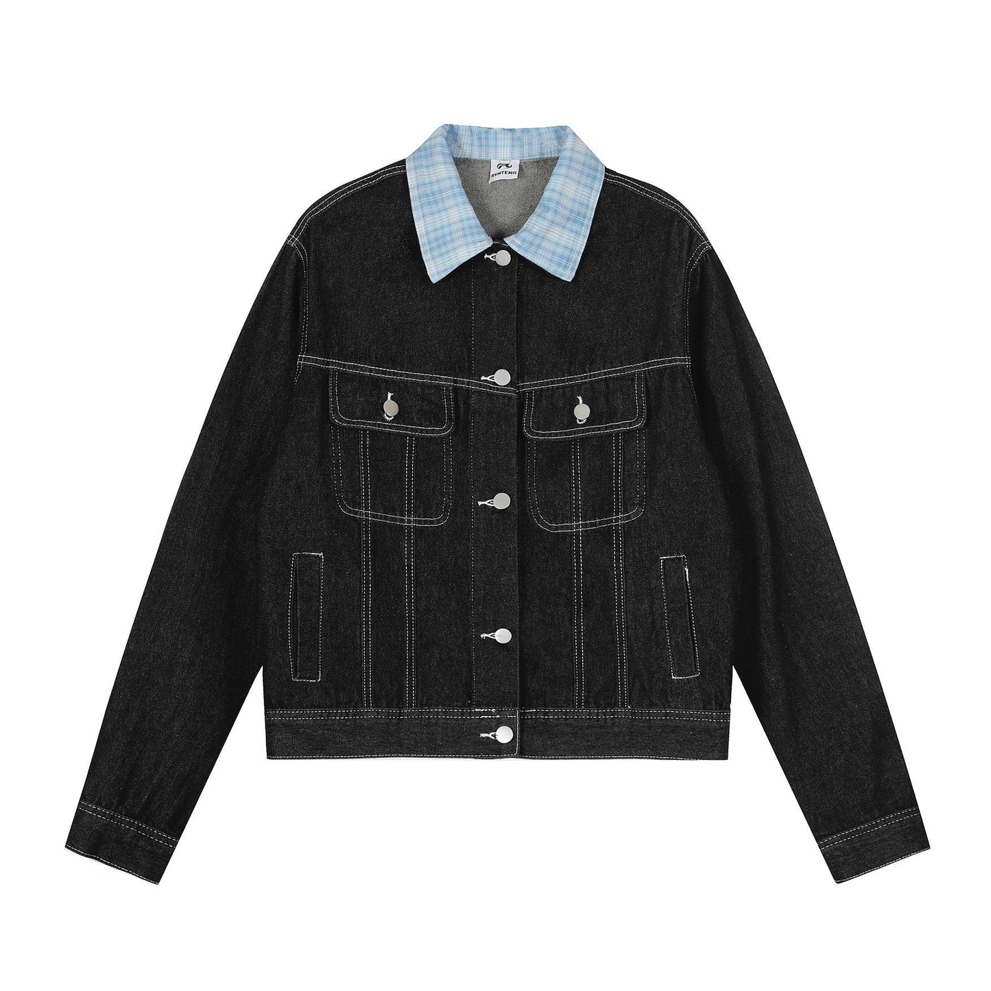 Vintage Patchwork Plaid Lapel Denim Jacket