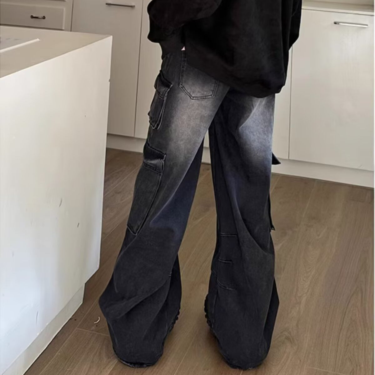 Spring and Autumn Multi Pocket Straight Leg Wide Leg Pants