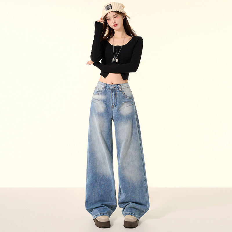 Women's High Street Leg Floor-Length Pants Washed Wide Leg Jeans