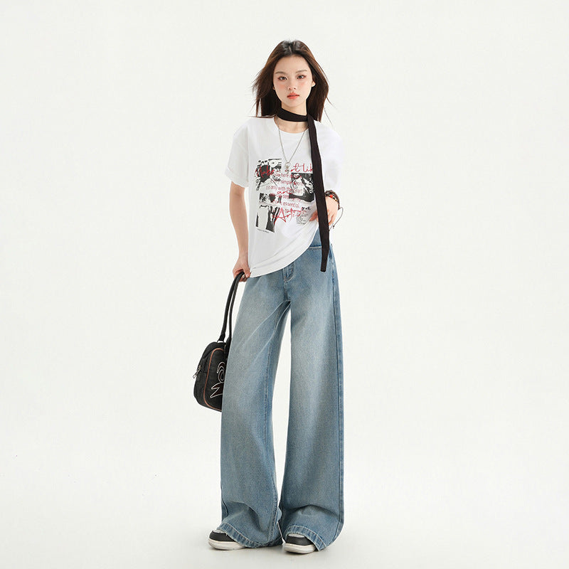 Women's Washed Draped High Waist Wide Leg Jeans