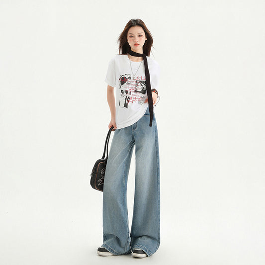 Women's Washed Draped High Waist Wide Leg Jeans