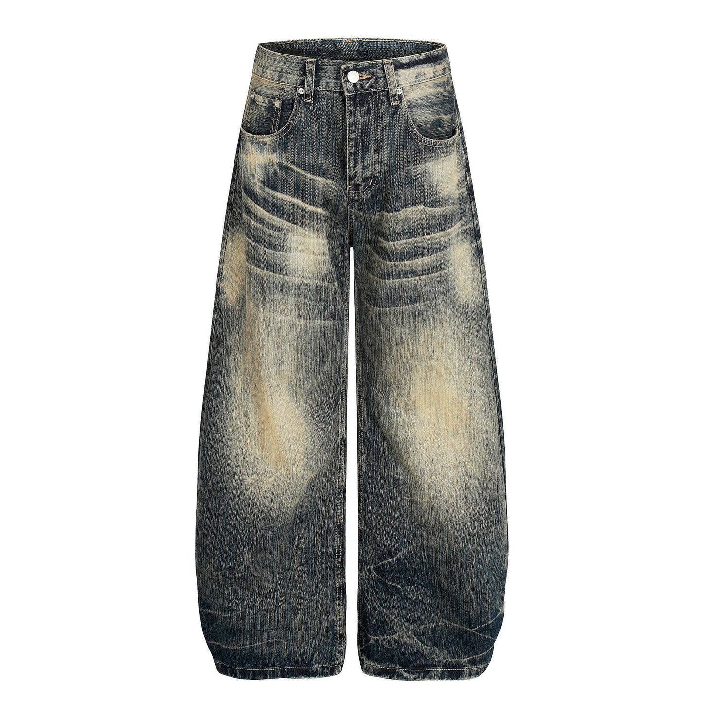 Street Vintage Washed Bamboo Texture Loose Wide-Leg Denim Pants