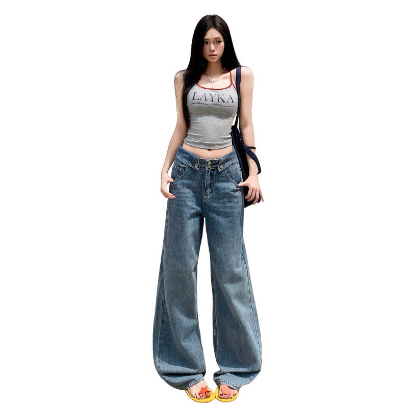 Women's Summer Slim Fit Straight Leg Jeans - Wide Leg Design