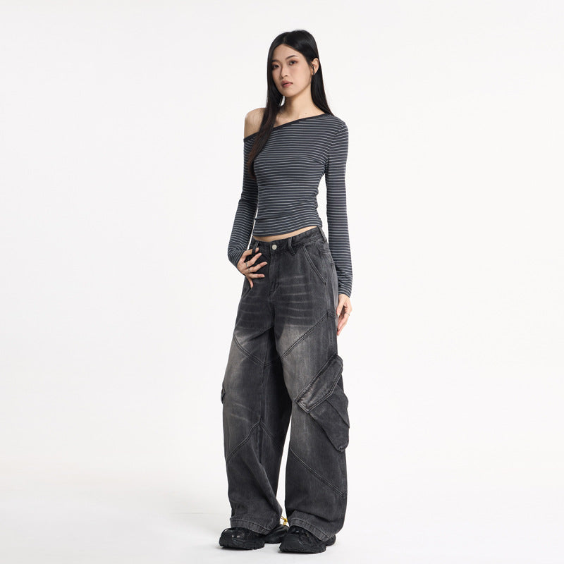 Silk Women's Water-Washed Loose Flare Cargo Denim Pants