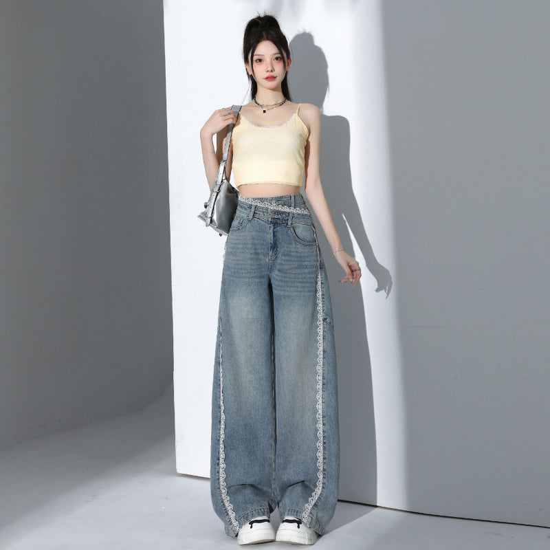 Lace Hem Spliced Denim Pants for Women – Irregular Loose Straight Wide Leg Design