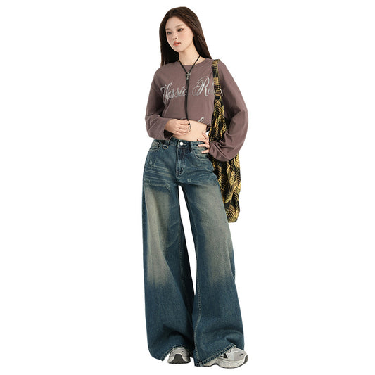 Women's Heavy Wash Denim Pants Loose Wide Leg Trousers - Retro Lazy Fit