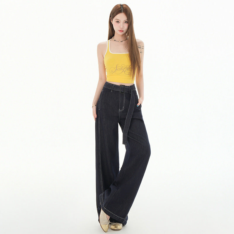 Women's Denim Blue High-Waisted Wide-Leg Knife-Edge Pants