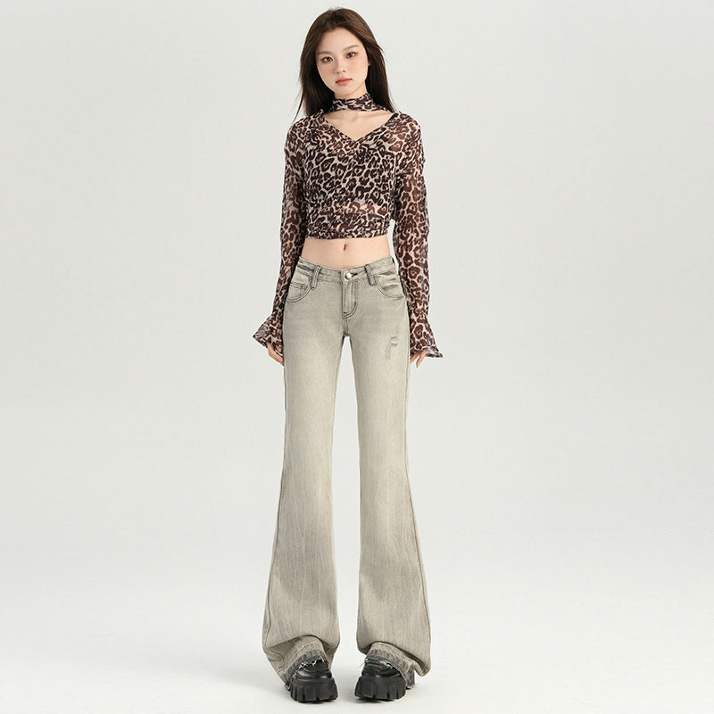 Women's Design Low Waist Flared Jeans - Versatile Floor-Length Pants