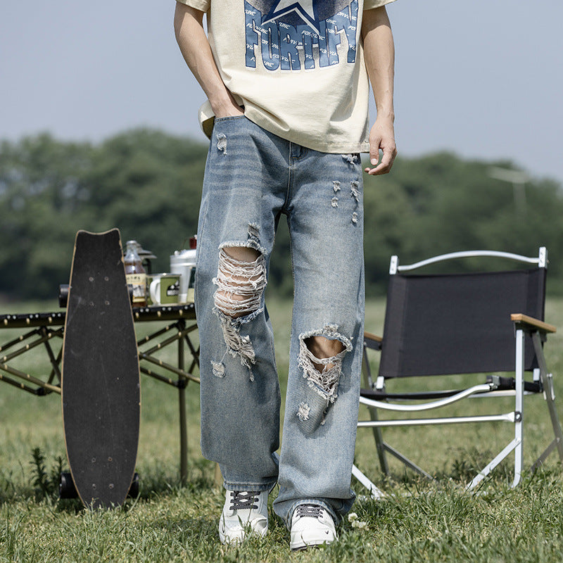 Premium Loose Straight Leg Wide Leg Long Pants - Blue Denim