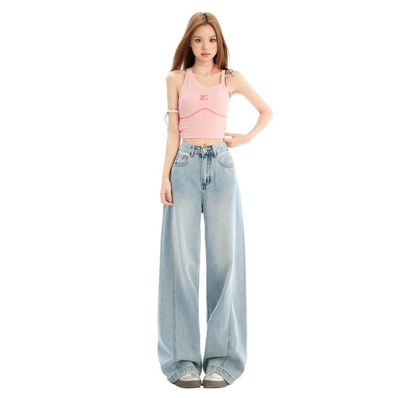 Vintage High-Waisted Wide-Leg Jeans for Women - Loose and Slimming Full-Length Straight Pants