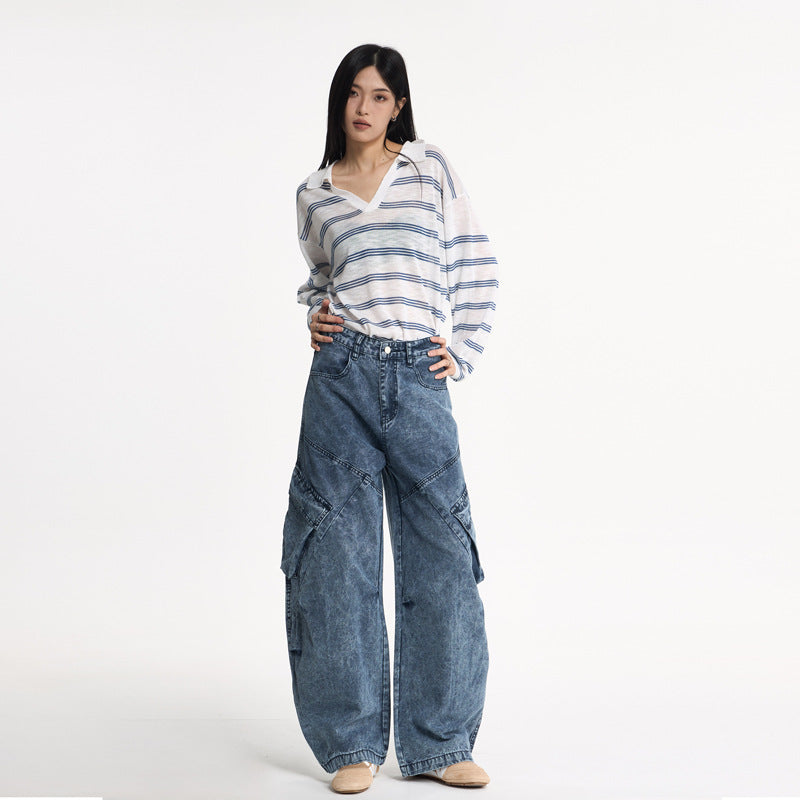 Design Knife-Style Cargo Pants Unisex Streetwear Loose Straight Wide-Leg Jeans