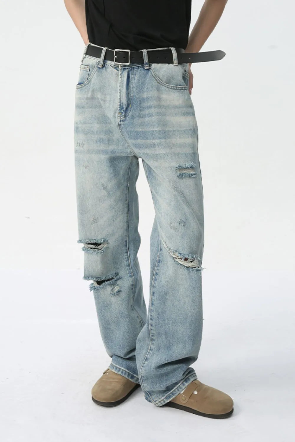 Distressed Wide Leg Jeans - Premium Japanese Denim