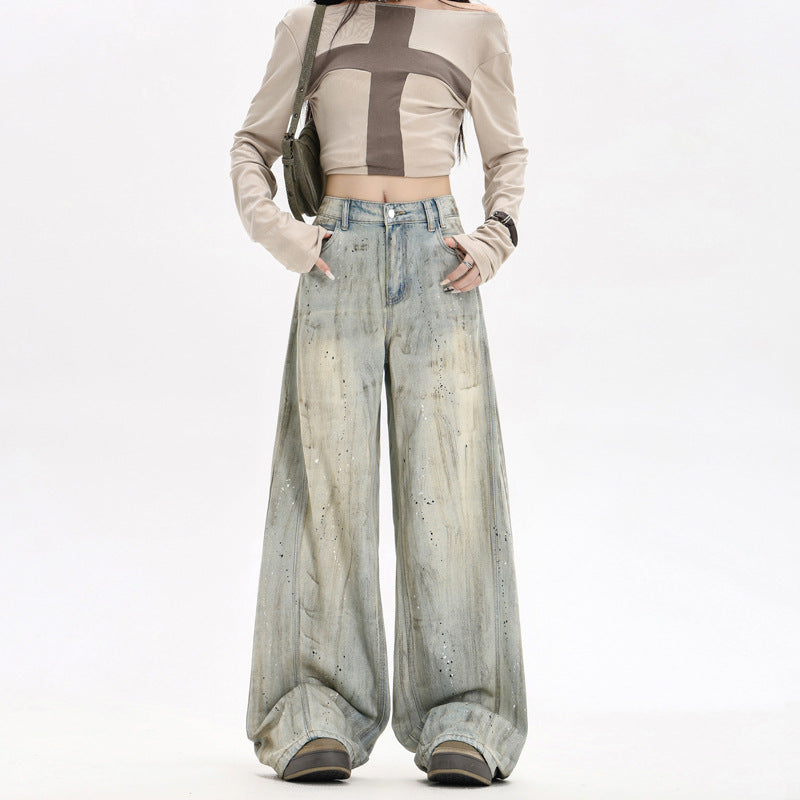 Spicy Girl Splatter Paint Graffiti Denim Pants for Women - Loose Slim High Waist Distressed Wide Leg Trousers