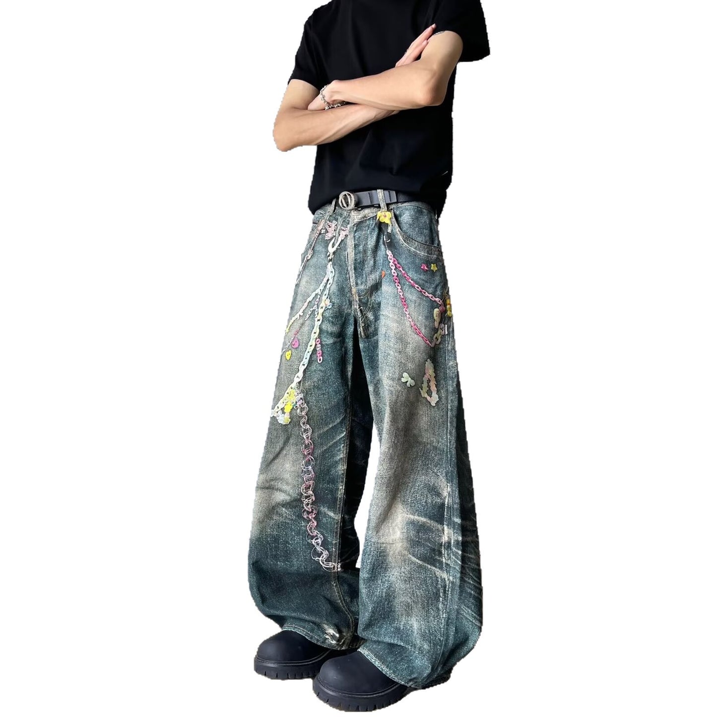 Retro Chain Printed Denim Wide Leg Pants for Men