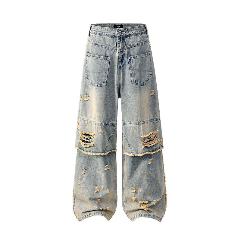 High Street Post-Apocalyptic Style Distressed Denim Pants for Men and Women