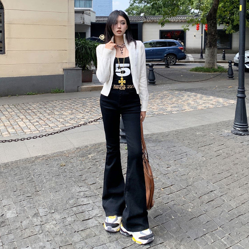 Women's Flared Jeans Double Button Elastic Fitted Versatile Flare Pants