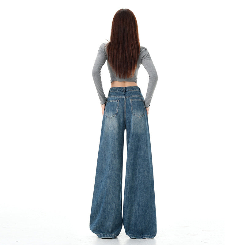 Vintage Blue Wide-Leg Jeans for Women - High Street High-Waist Slimming Loose Straight Ankle-Length Pants