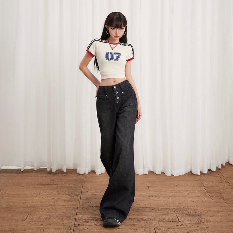 Women's Buttoned Loose Wide-Leg Jeans - Summer Casual Flare Pants