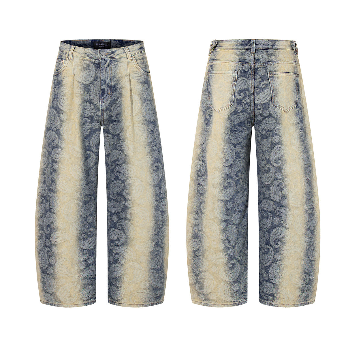 Premium Jacquard Gradient Washed Denim Jeans with Curved Edges and Wide Legs