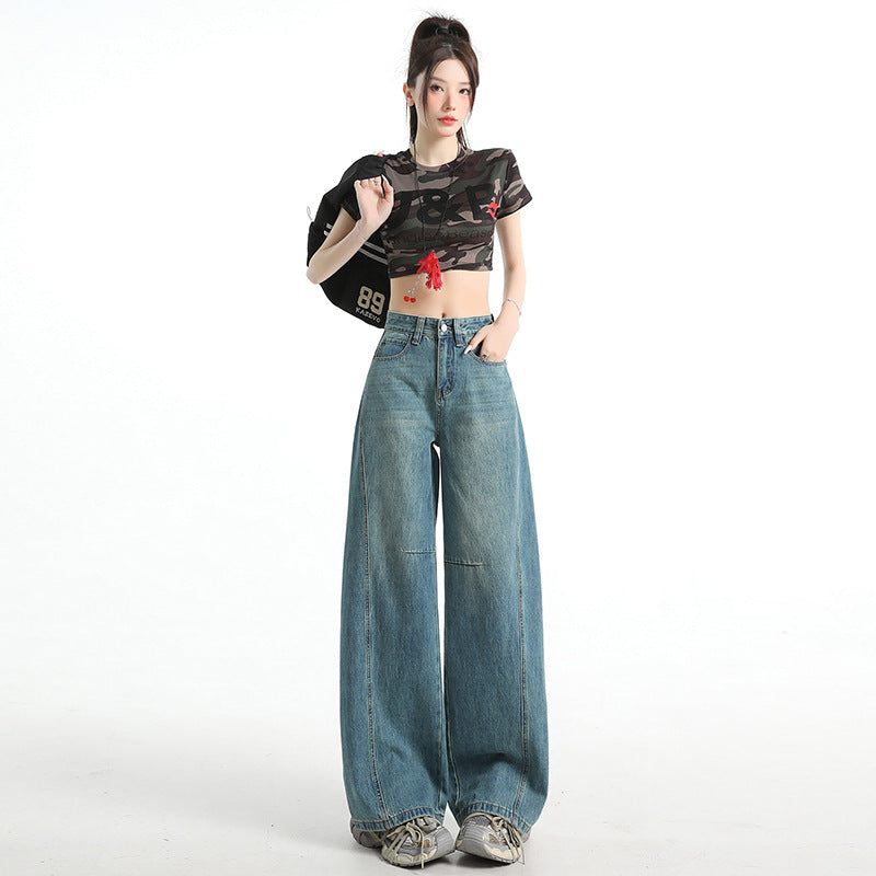 Vintage Blue High Street Loose Wide Leg Jeans for Women - Unique Patchwork Design