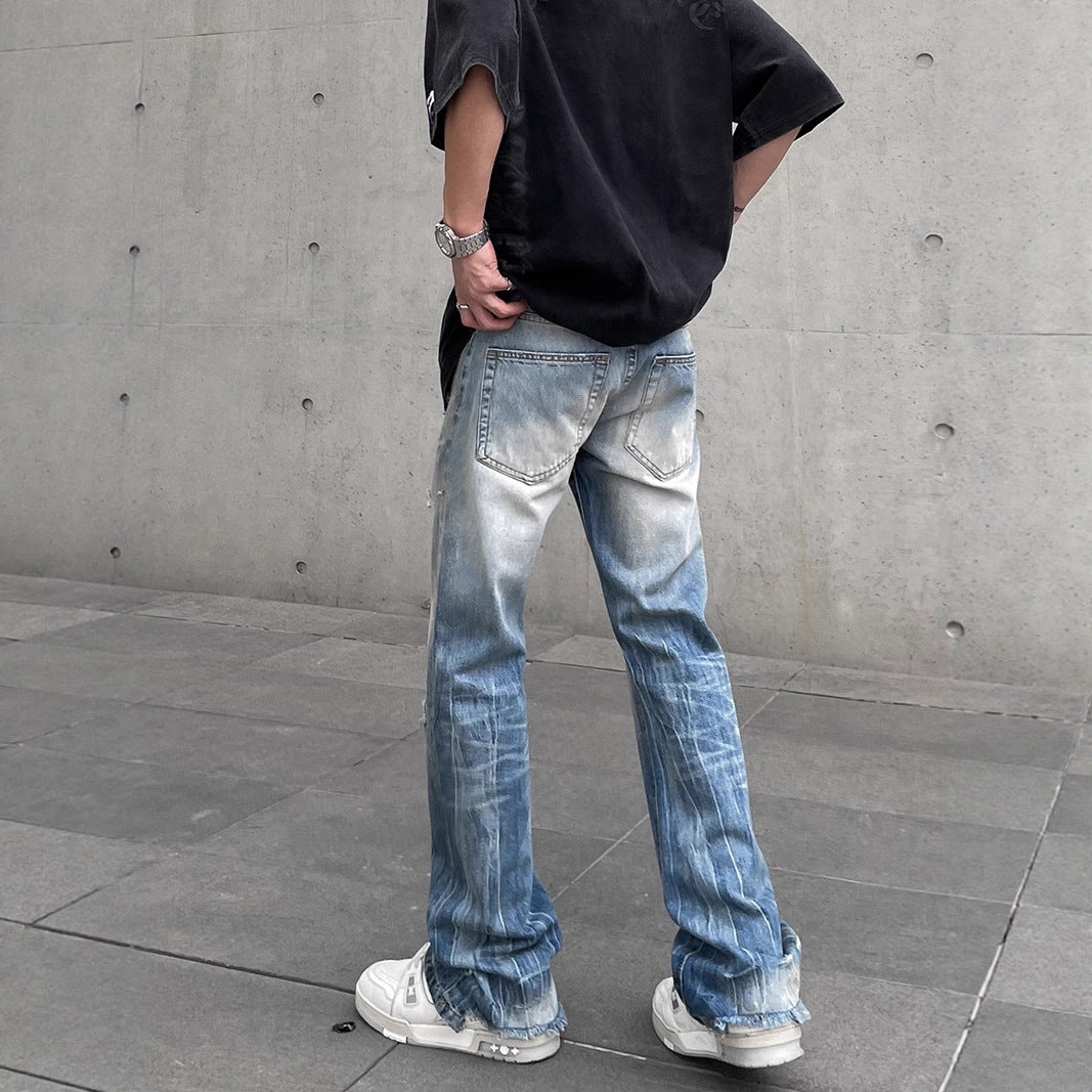Streetwear Distressed Washed Ripped Flared Jeans for Men