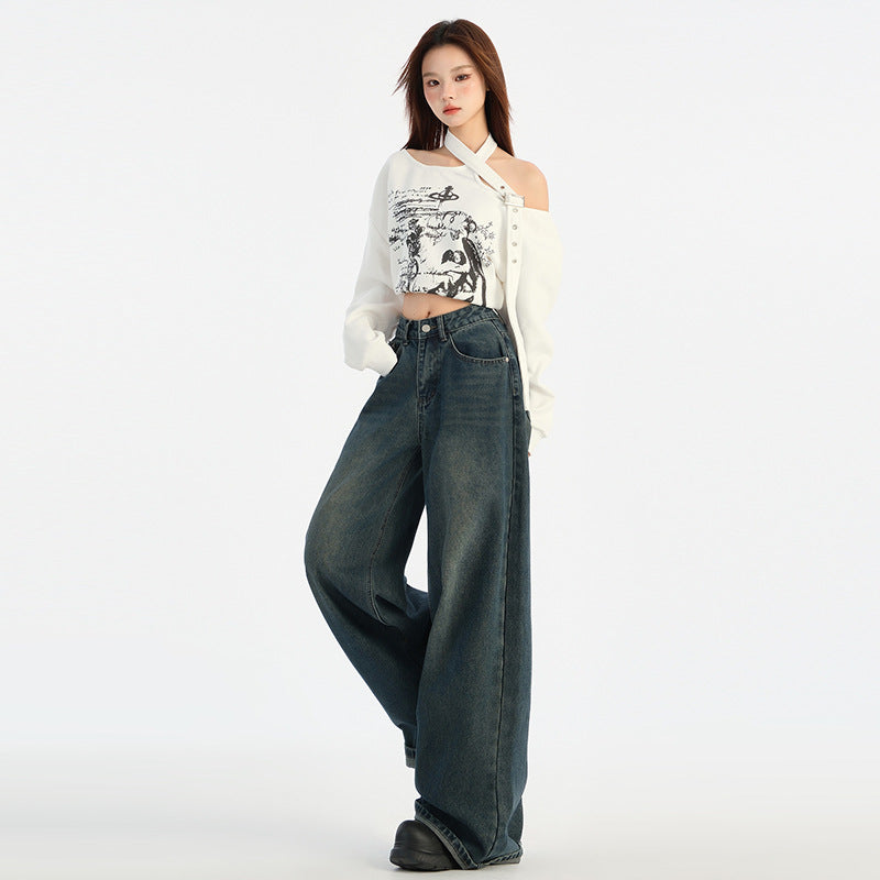 Vintage Wide-Leg Straight Jeans for Women - High-Waist Loose Fit